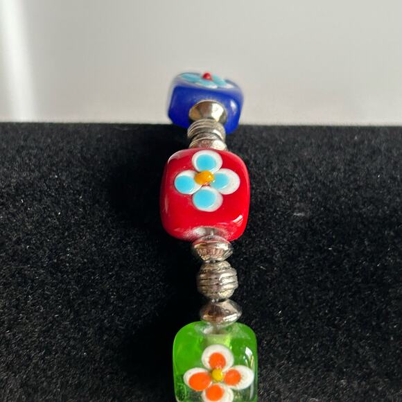 Colorful Square Flower Glass Beaded Bracelet 925 Sterling Clasp - Picture 9 of 11